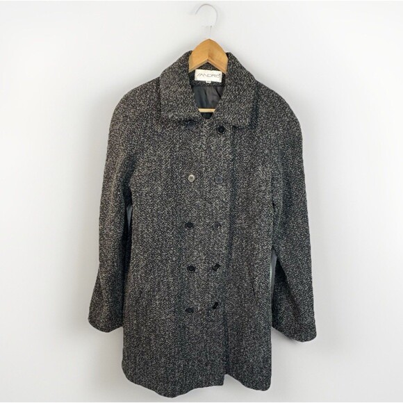 VTG Sandro Coat Marled Gray Long Wool Button Structured Shoulders Lagenlook 12 - Picture 1 of 10